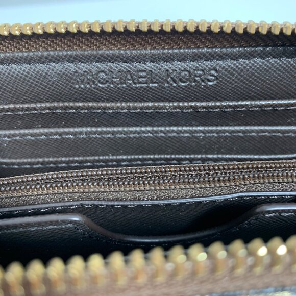 MICHAEL KORS Jet Set Travel MK Logo Continental Wallet Wristlet Brown/Gold - Picture 7 of 10